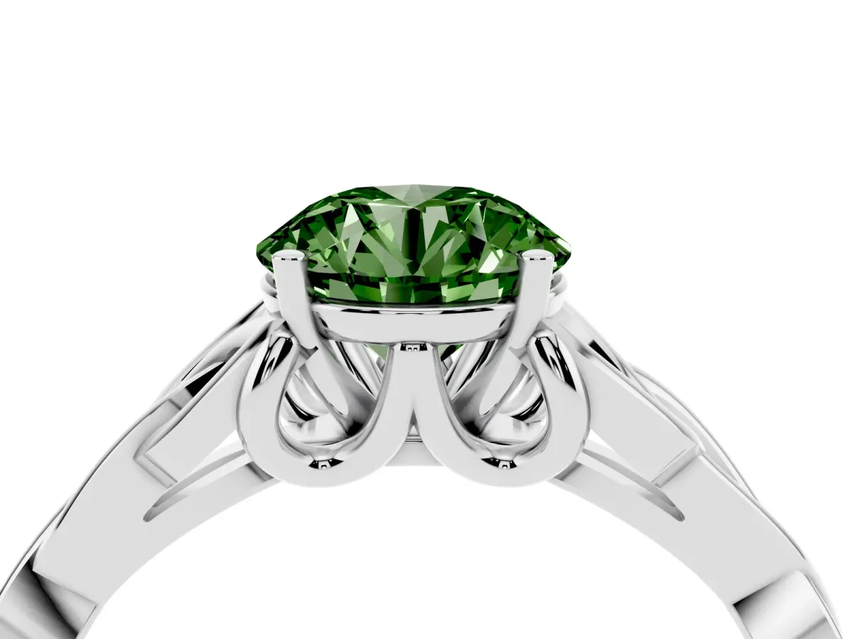 Fancy Green Round Cut Diamond Solitaire Engagement Ring with Celtic Knot Band and Four-Prong Setting Silver