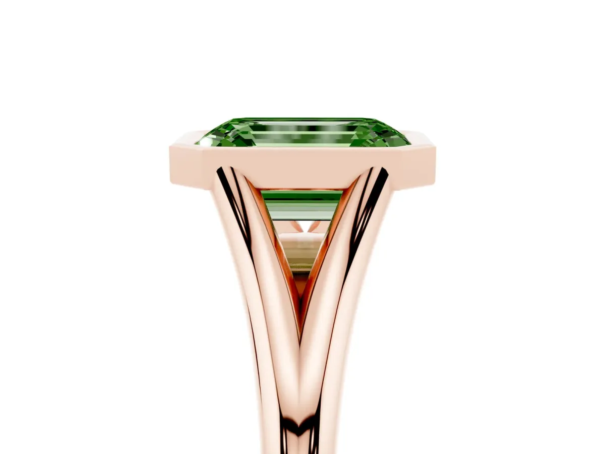 Fancy Green Bezel Set Emerald Cut Cut Solitaire Ring with Tapered Band Rose gold