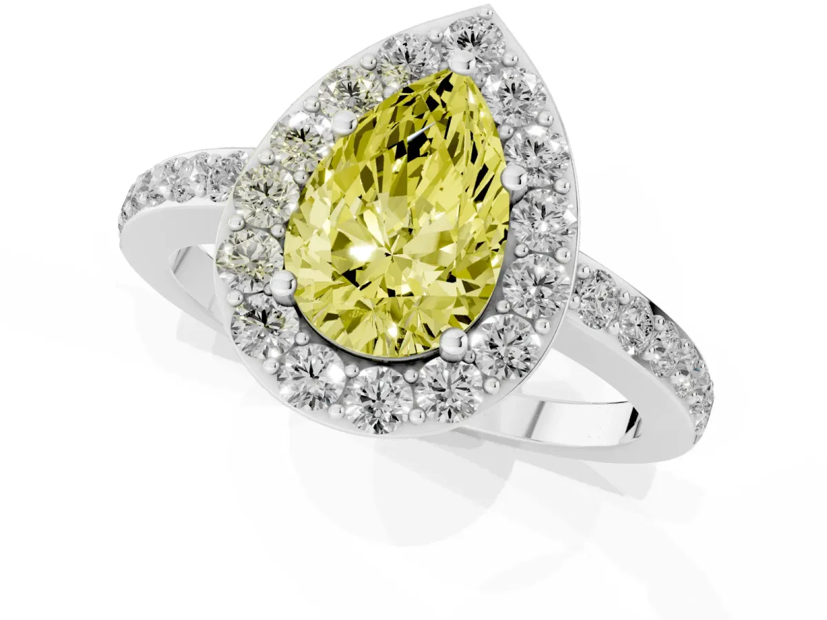 Fancy Yellow Pear Cut Halo Diamond Pavé Band Ring with Prong Setting Silver