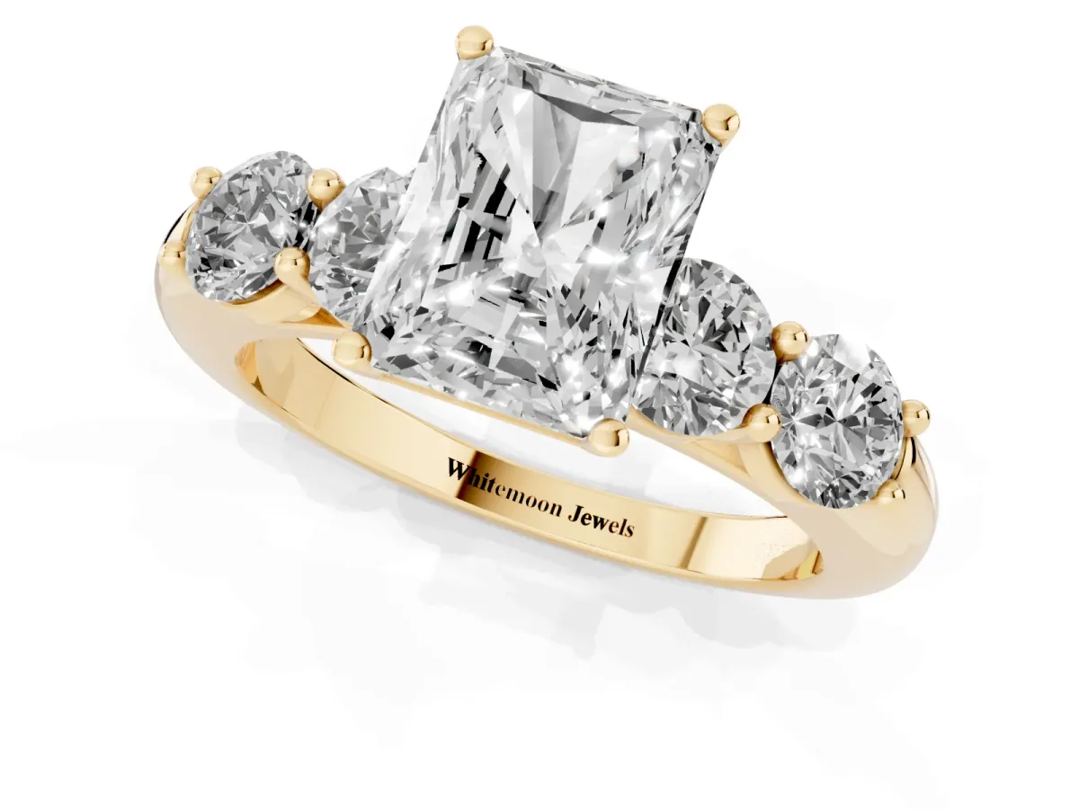 Radiant Cut Cut Five-Stone Prong Set Diamond Ring with Classic Band Yellow gold