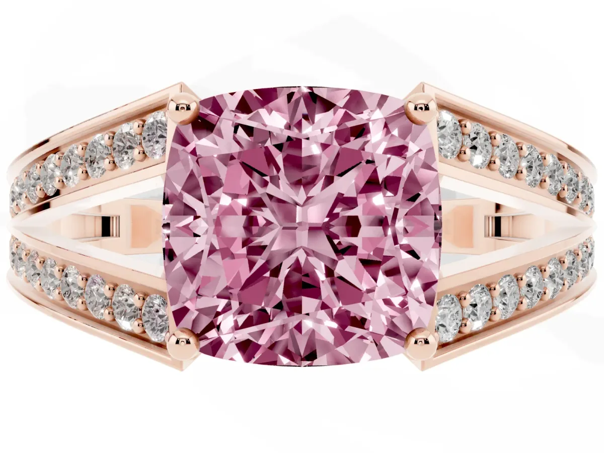 Fancy Pink Cushion Cut Diamond Split Shank Ring with Pavé Band and Four-Prong Setting Rose gold