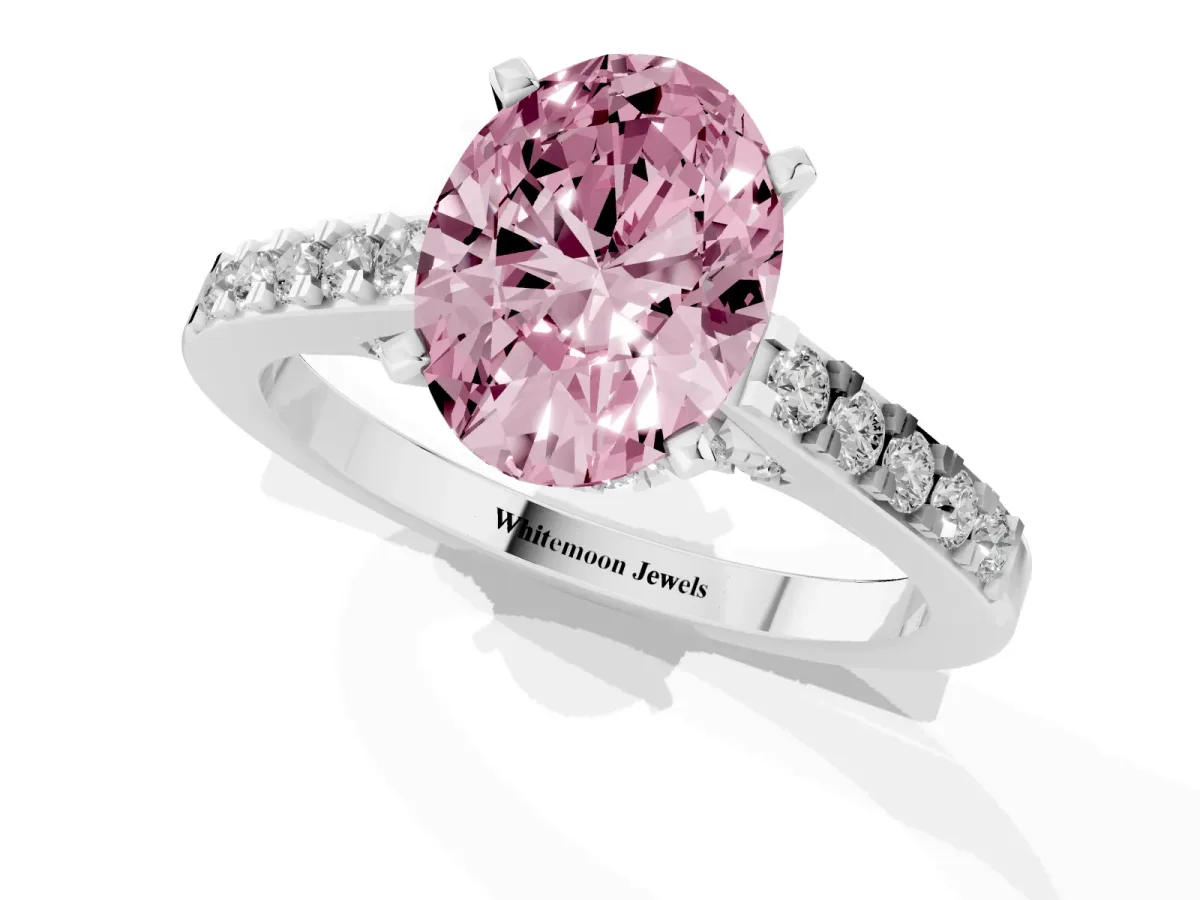 Fancy Pink Oval Cut Diamond Solitaire Ring with Crossover Gallery and Round Pavé Band Platinum