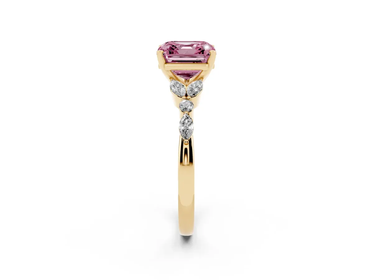 Fancy Pink Asscher Cut Diamond Solitaire Ring with Side Stones and Four-Prong Setting Yellow gold