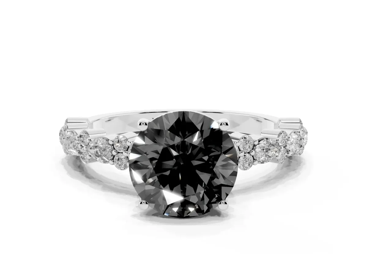 Fancy Black Round Cut Diamond Side Stone Solitaire Ring with Round and Four-Prong Setting Silver