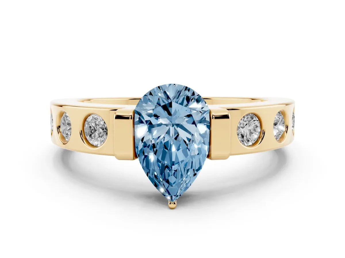 Fancy Blue Pear Cut Brilliant Channel-Set Diamond Ring with Bezel Prong Setting Yellow gold