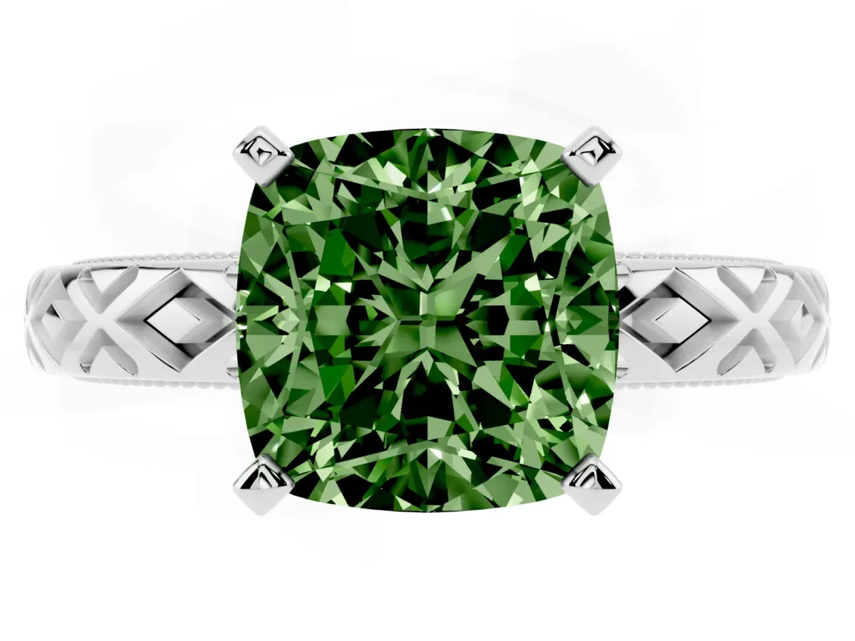 Fancy Green Cushion Cut Solitaire Diamond Ring with Milgrain and Black Enamel X Pattern Band Silver