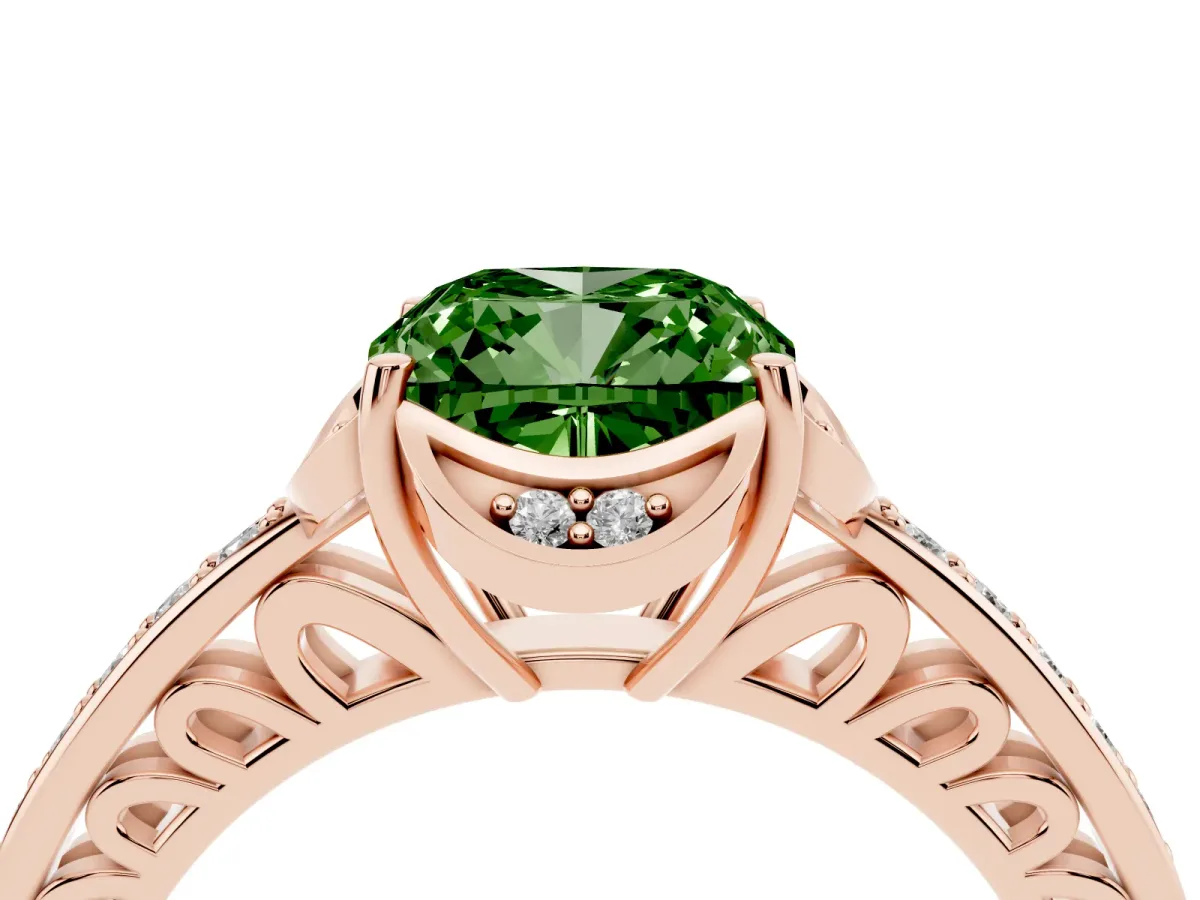 Fancy Green Cushion Cut Cut Halo Diamond Ring with Channel Set Band and Four-Prong Setting Rose gold