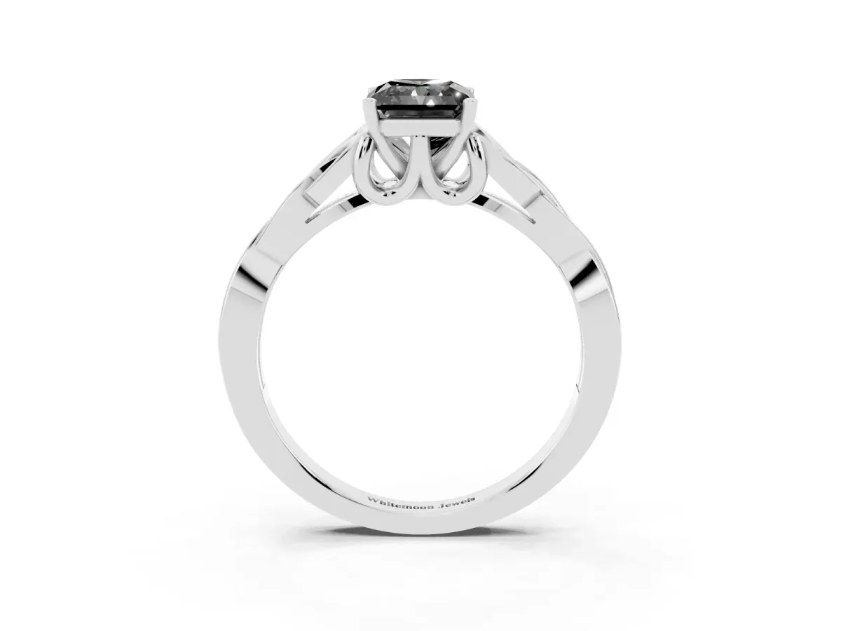 Fancy Black Radiant Cut Diamond Solitaire Engagement Ring with Celtic Knot Band and Four-Prong Setting White gold