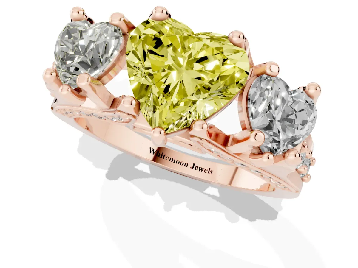 Fancy Yellow Heart Cut Diamond Three-Stone Ring with Channel Set Band and Four-Prong Setting Rose gold