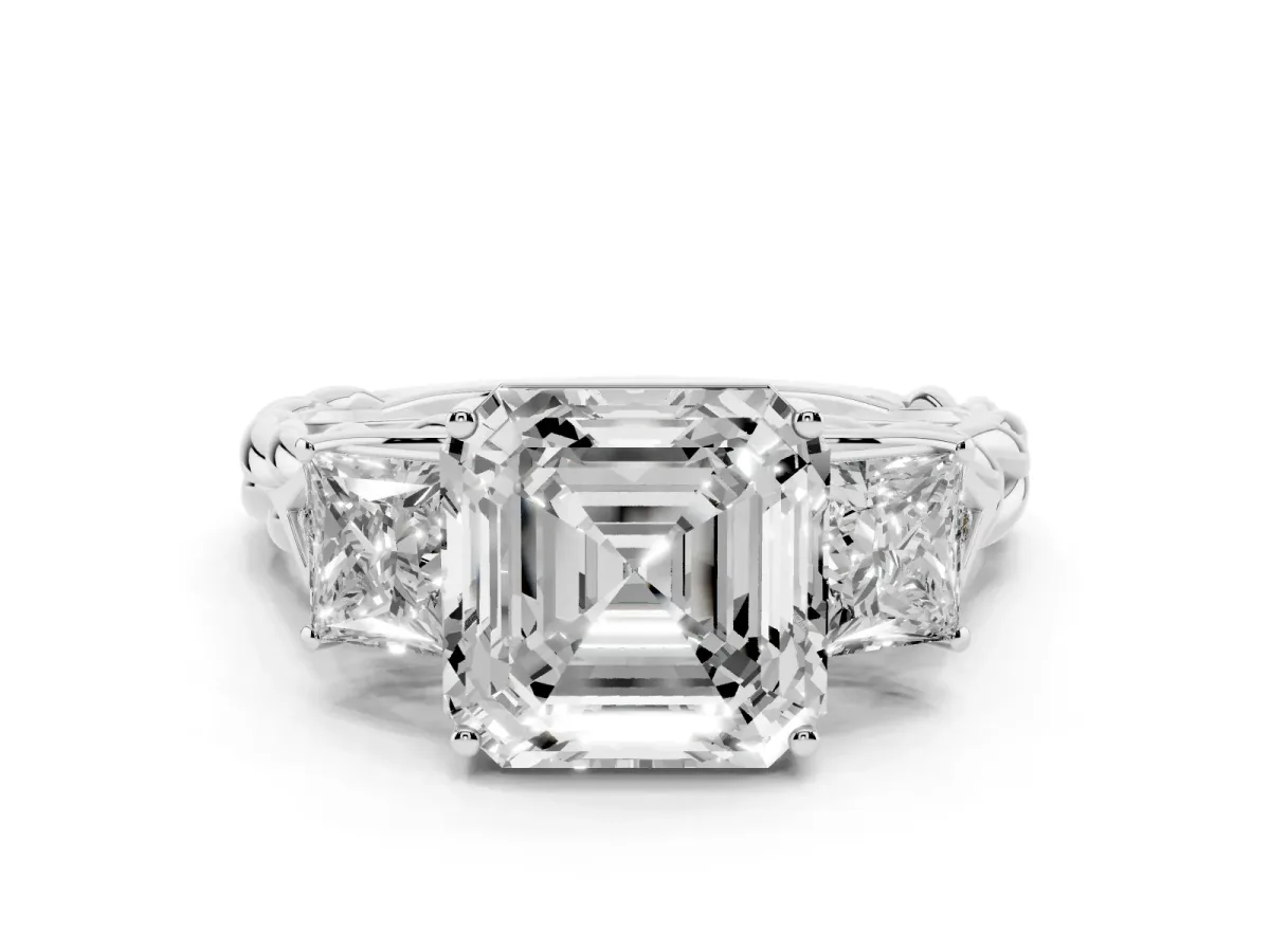 Three-Stone Asscher Cut Diamond Braided Band Ring with Four-Prong Setting Platinum