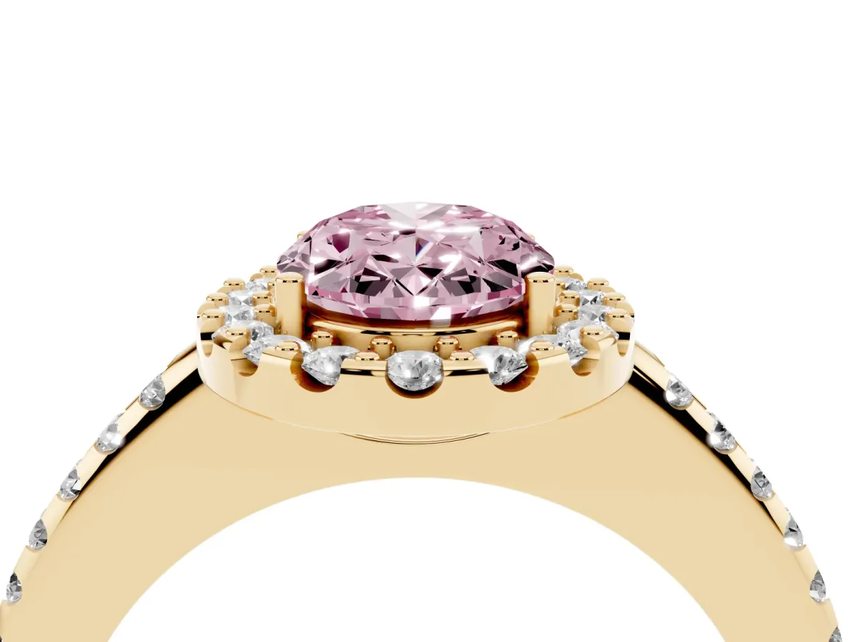 Fancy Pink Oval Cut Diamond Pavé Halo Ring with Four-Prong Setting Yellow gold