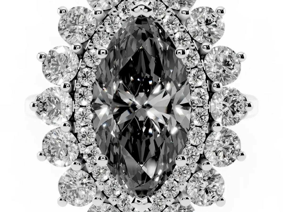Fancy Black Marquise Cut Diamond Floral Double Halo Engagement Ring with Prong Setting Silver
