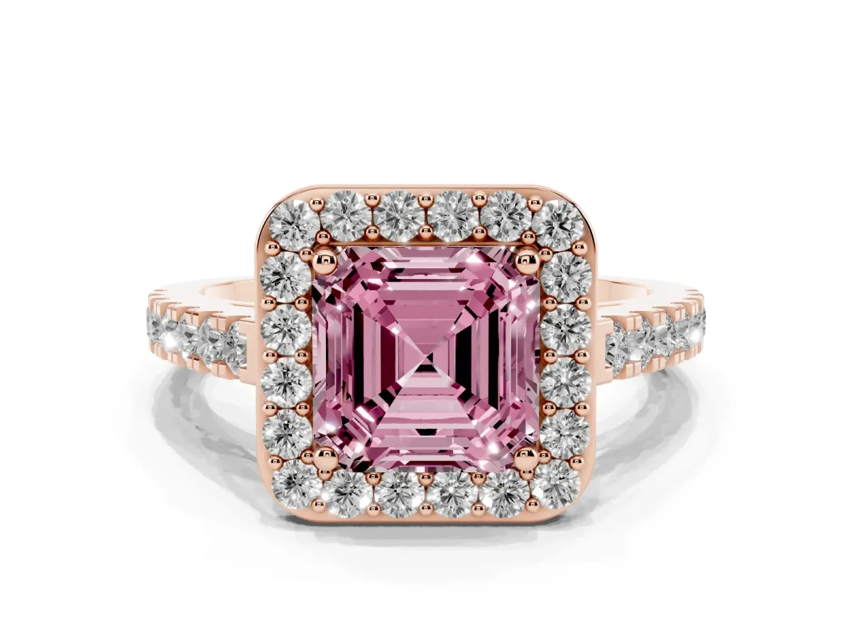 Fancy Pink Asscher Cut Diamond Halo Ring with Round Pavé Split Shank and Prong Setting Rose gold