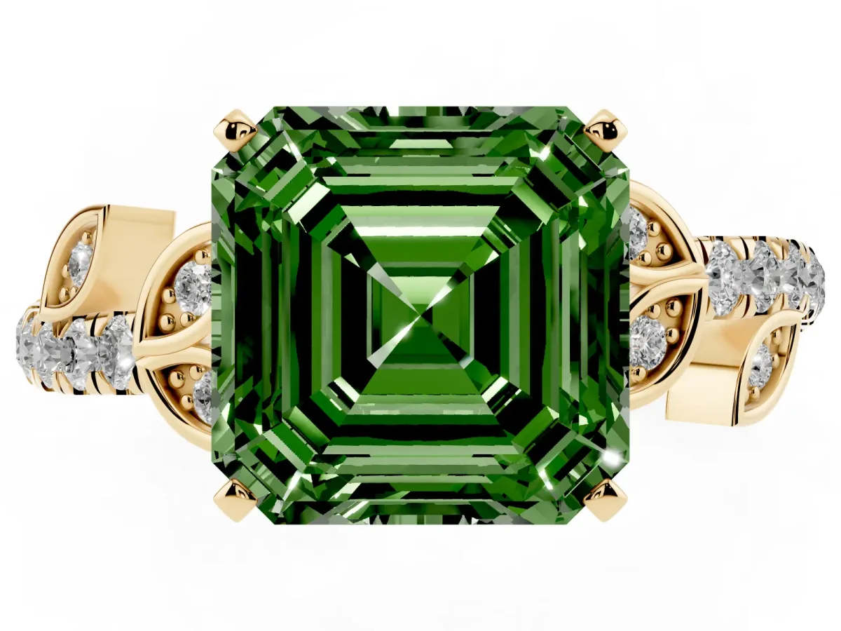 Fancy Green Asscher Cut Solitaire Leaf-Inspired Diamond Ring with Pavé Band and Four-Prong Setting Yellow gold