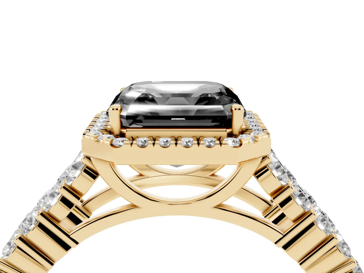 Fancy Black Asscher Cut Diamond Halo Engagement Ring with Triple Row Round Pavé Band and Prong Setting Yellow gold