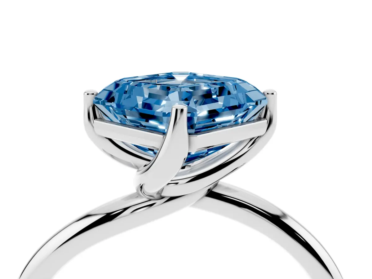 Fancy Blue Asscher Cut Diamond Solitaire Engagement Ring with Four-Prong Setting and Classic Band White gold