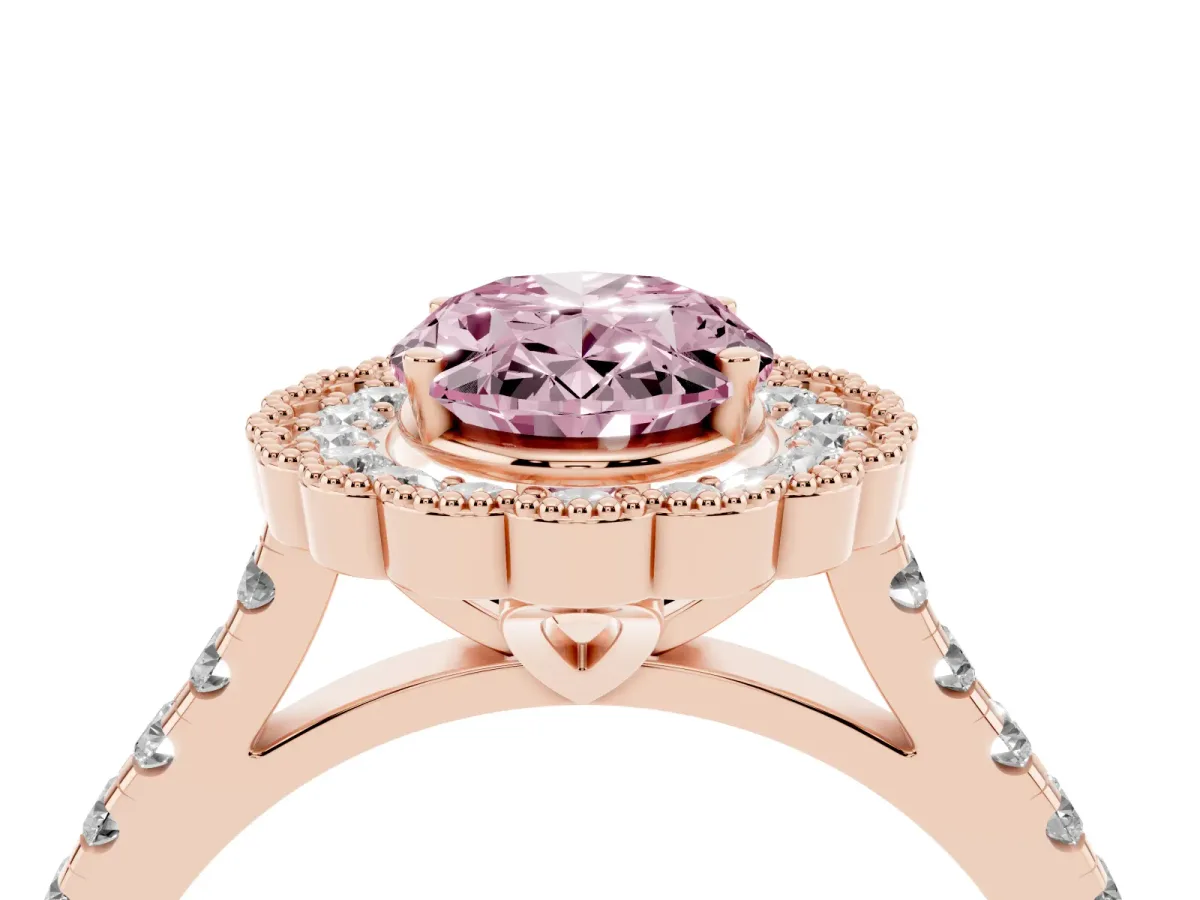 Fancy Pink Oval Cut Cut Diamond Milgrain Floral Halo Engagement Ring with Pavé Band Rose gold