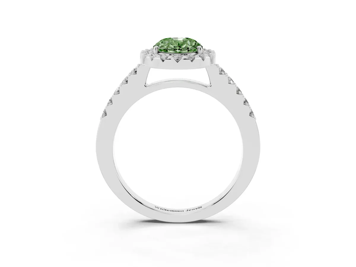 Fancy Green Oval Cut Halo Diamond Pavé Solitaire Ring White gold