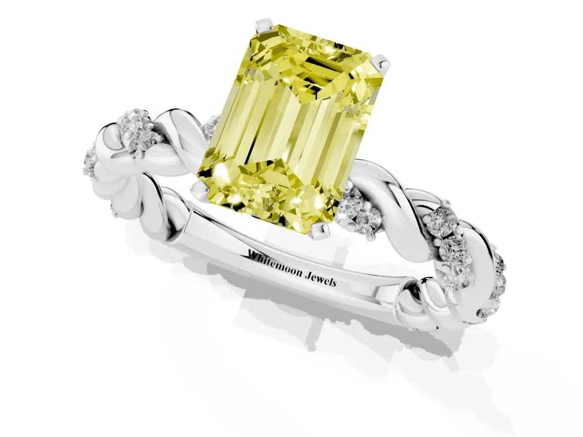 Fancy Yellow Emerald Cut Diamond Solitaire Ring with Twisted Band and Pavé Accents Platinum