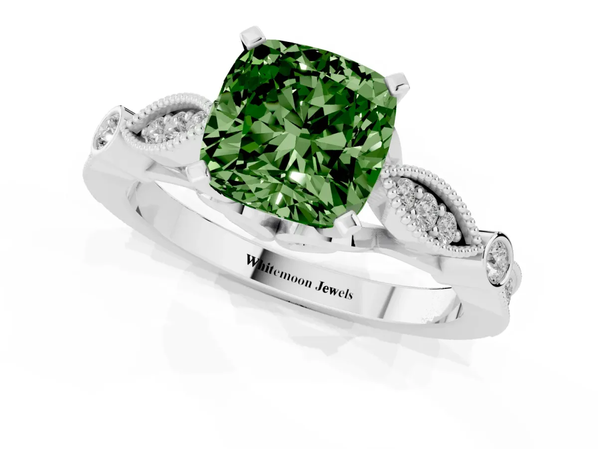 Fancy Green Cushion Cut Cut Diamond with Milgrain Marquise and Bezel Accents on a Solitaire Band with Prong Setting White gold