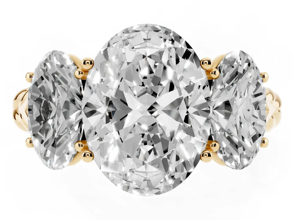 Three-Stone Oval Cut Diamond Braided Band Ring with Four-Prong Setting Yellow gold