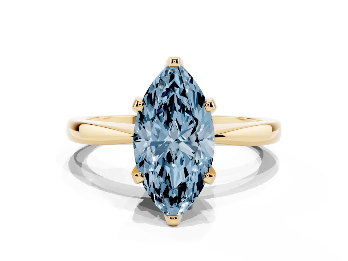 Fancy Blue Marquise Cut Solitaire Engagement Ring with Six-Prong Setting and Tapered Band Yellow gold