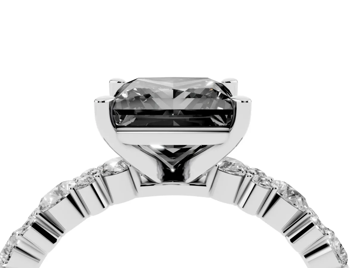 Fancy Black Princess Cut Diamond Side Stone Solitaire Ring with Round and Four-Prong Setting Silver