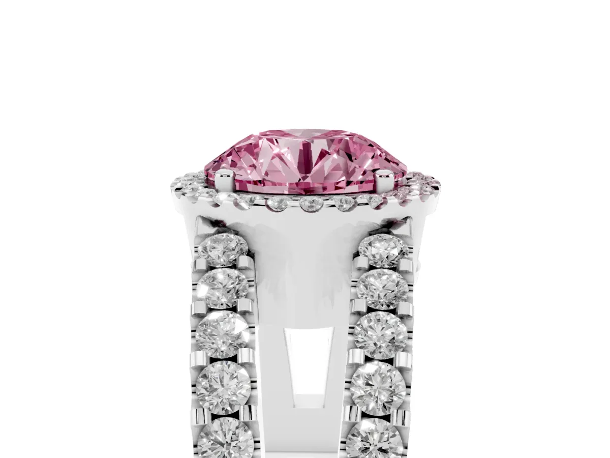 Fancy Pink Round Cut Cut Halo Split Shank Diamond Ring with Four-Prong Setting Silver