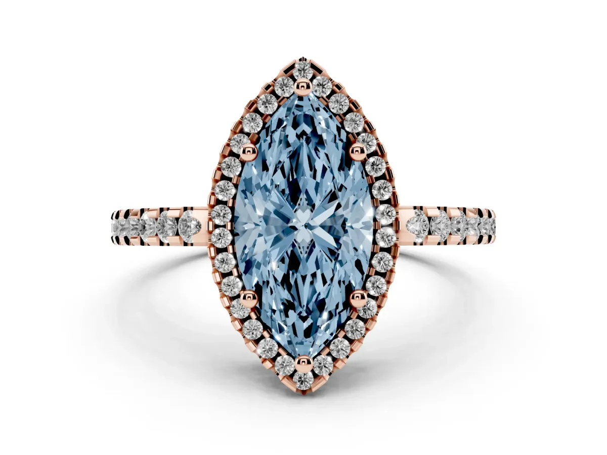 Fancy Blue Marquise Cut Diamond Halo Engagement Ring with Pavé Band and Prong Setting Rose gold