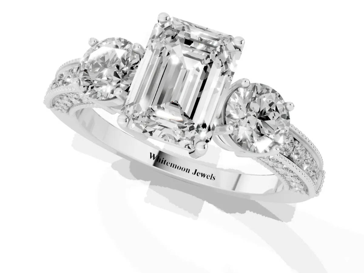 Emerald Cut Three-Stone Diamond Ring with Pavé Band and Four-Prong Setting Silver