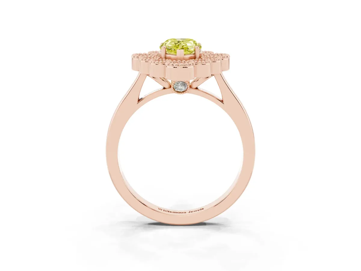Fancy Yellow Pear Cut Halo Diamond Cluster Engagement Ring with Milgrain Bezel Setting and Solitaire Band Rose gold