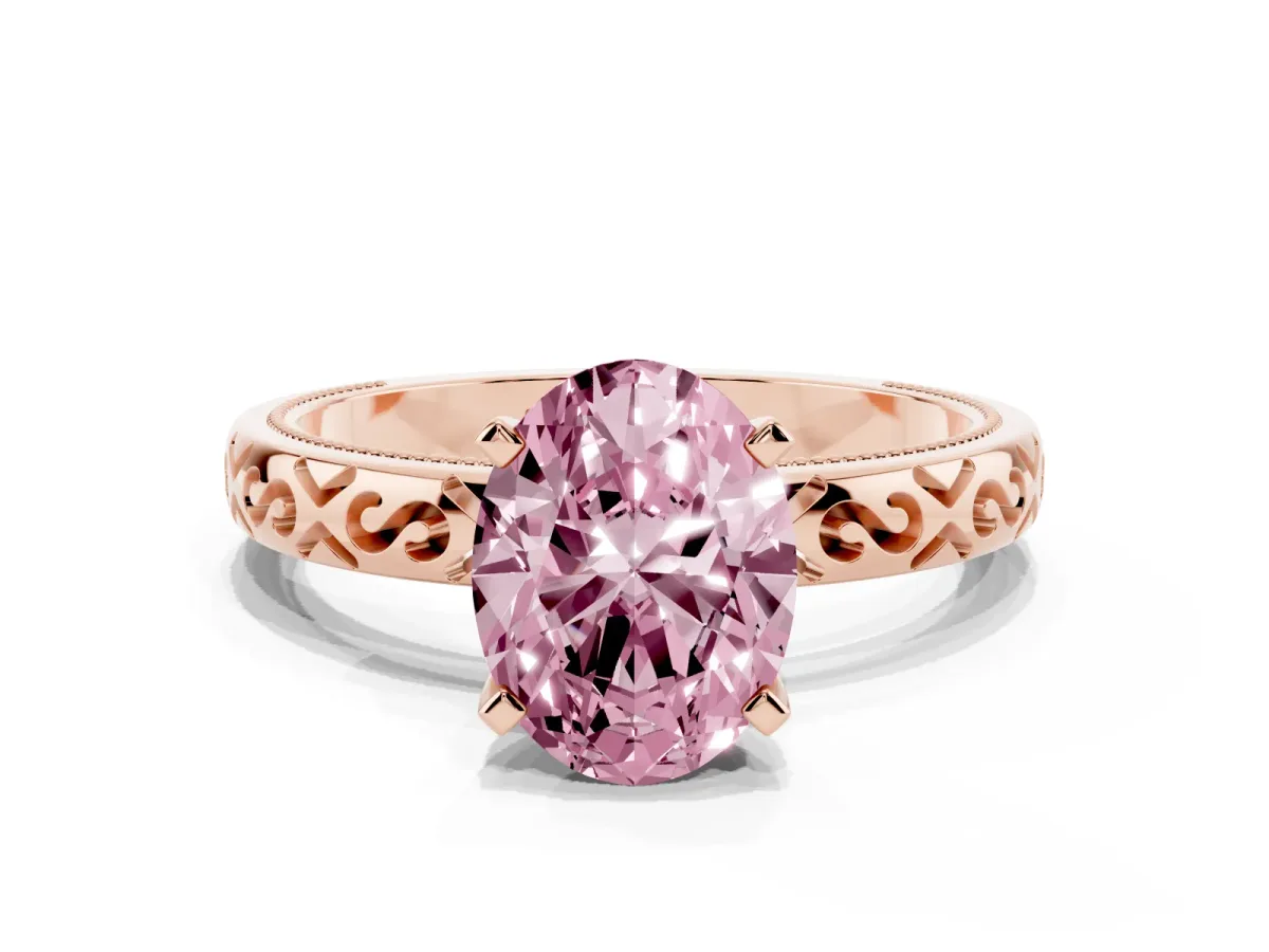 Fancy Pink Oval Cut Solitaire Engagement Ring with Scrollwork Band and Four-Prong Setting Rose gold