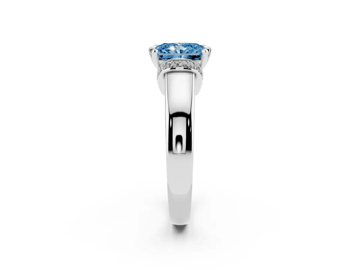 Fancy Blue Radiant Cut Solitaire Diamond Ring with Pave Band and Six-Prong Setting Silver