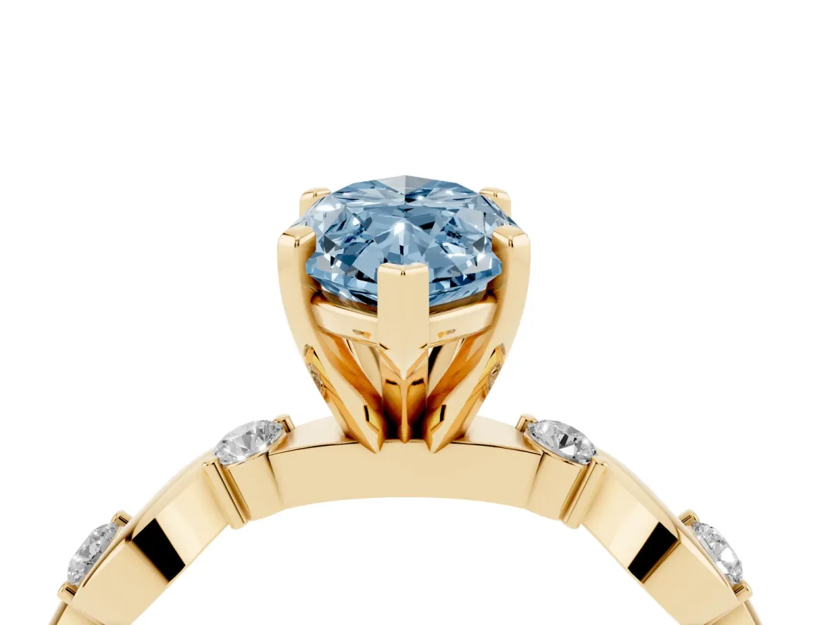 Fancy Blue Marquise Cut Diamond Solitaire Twisted Band with Round Accents and Prong Setting Yellow gold