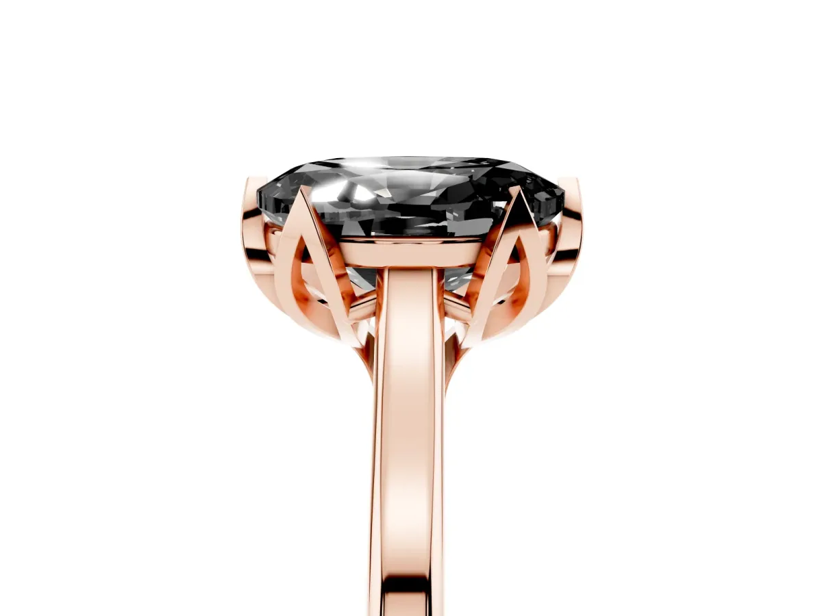 Fancy Black Oval Cut Diamond Solitaire Ring with Flower Prong Setting and Classic Band Rose gold