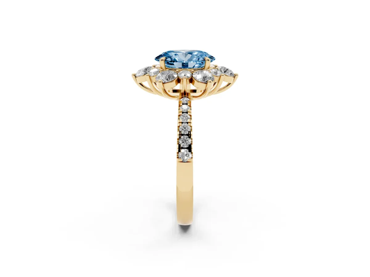 Fancy Blue Oval Cut Diamond Floral Halo Ring with Round Pavé Band and Prong Setting Yellow gold