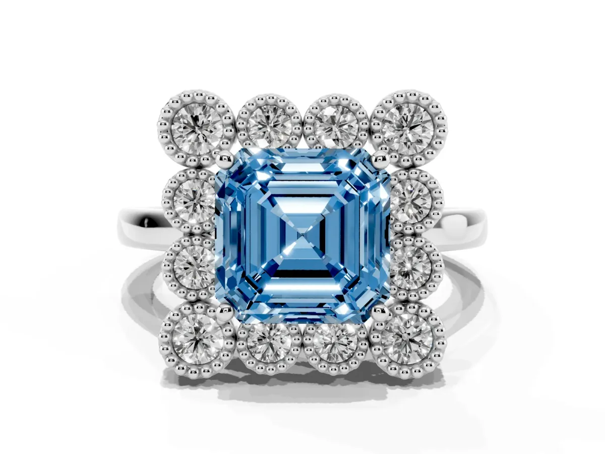 Fancy Blue Asscher Cut Halo Diamond Cluster Engagement Ring with Milgrain Bezel Setting and Solitaire Band Silver