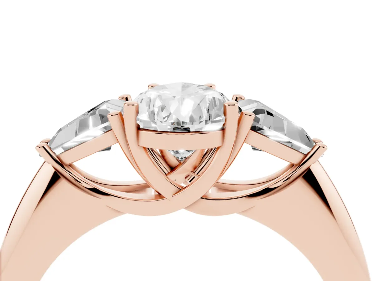 Three-Stone Pear Cut Diamond Engagement Ring with Trillion Side Stones and Prong Setting Rose gold
