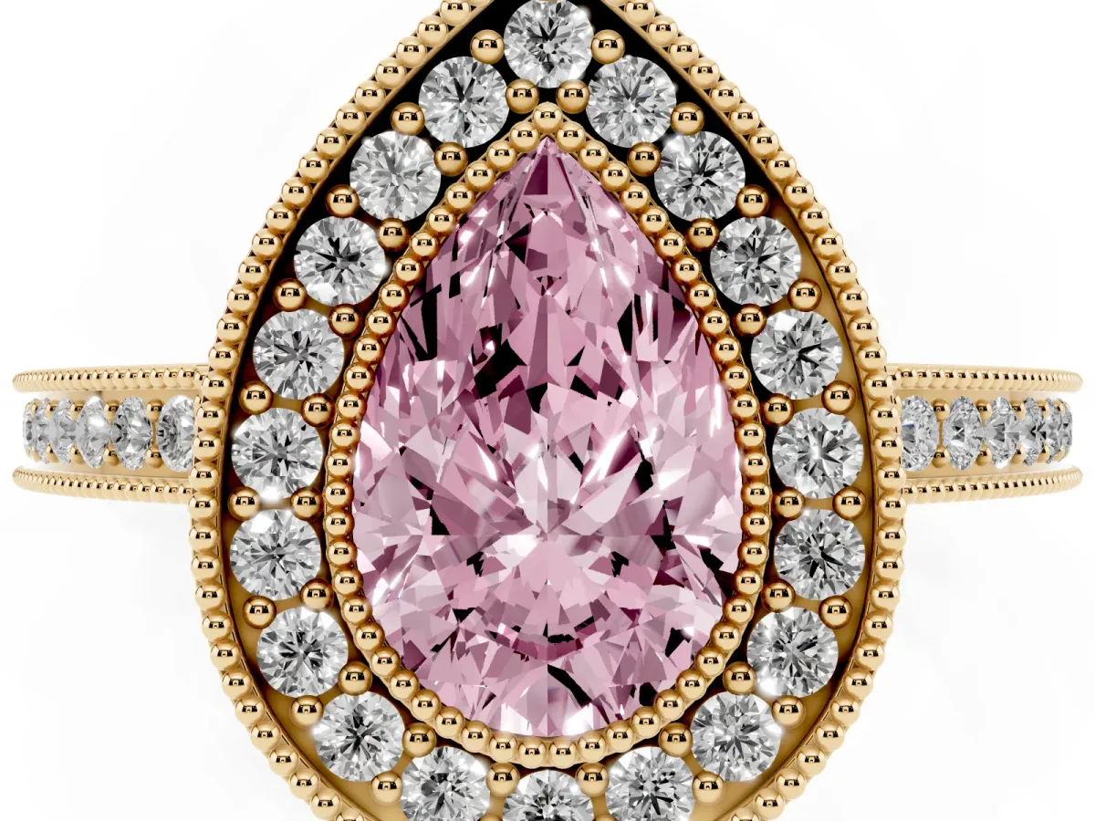 Fancy Pink Pear Cut Cut Halo Diamond Ring with Pavé Band and Milgrain Prong Setting Yellow gold