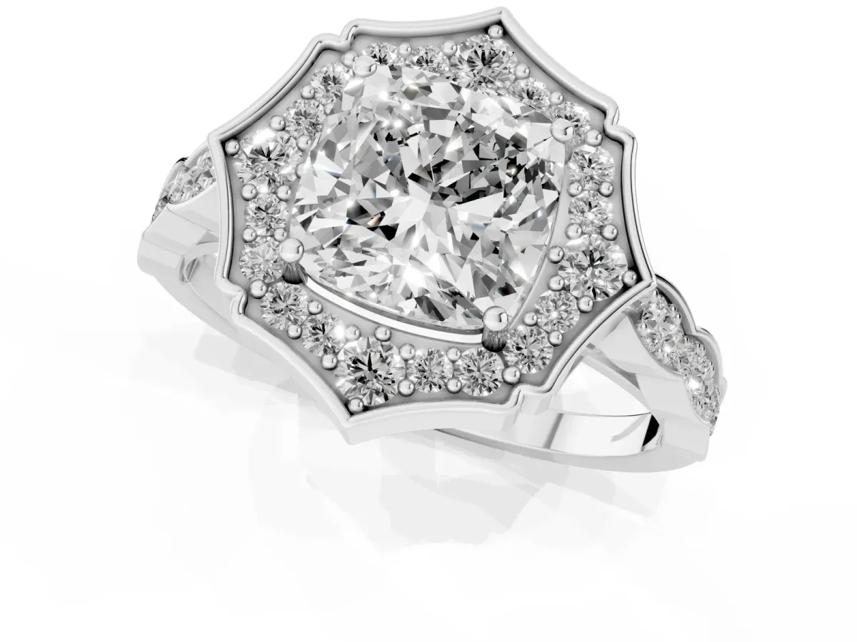 Cushion Cut Halo Diamond Engagement Ring with Milgrain Band and Four-Prong Setting White gold