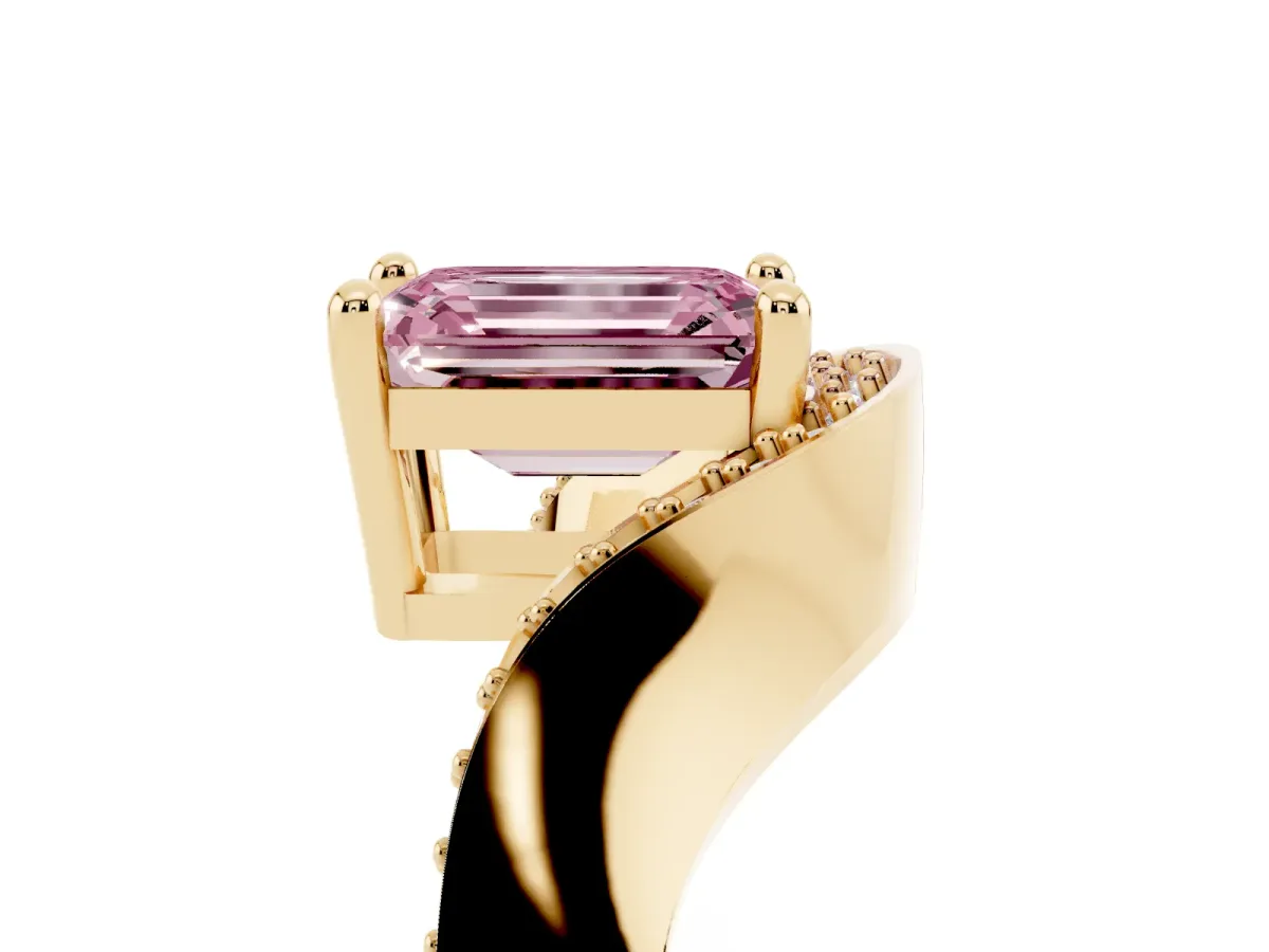 Fancy Pink Emerald Cut Solitaire Diamond Engagement Ring with Pave Band and Four-Prong Setting Yellow gold