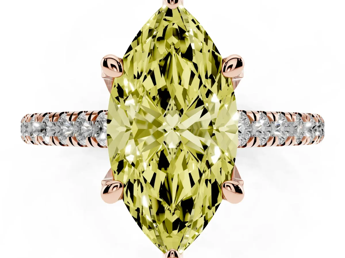 Fancy Yellow Marquise Cut Brilliant Diamond Solitaire with Pavé Band and Four-Prong Setting Rose gold