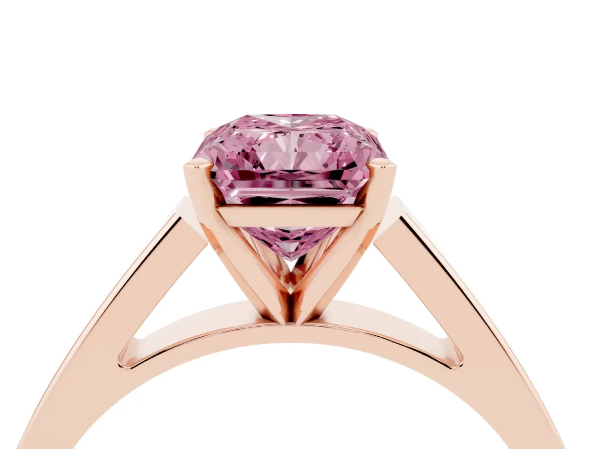 Fancy Pink Radiant Cut Solitaire Engagement Ring with Four-Prong Setting and Tapered Band Rose gold