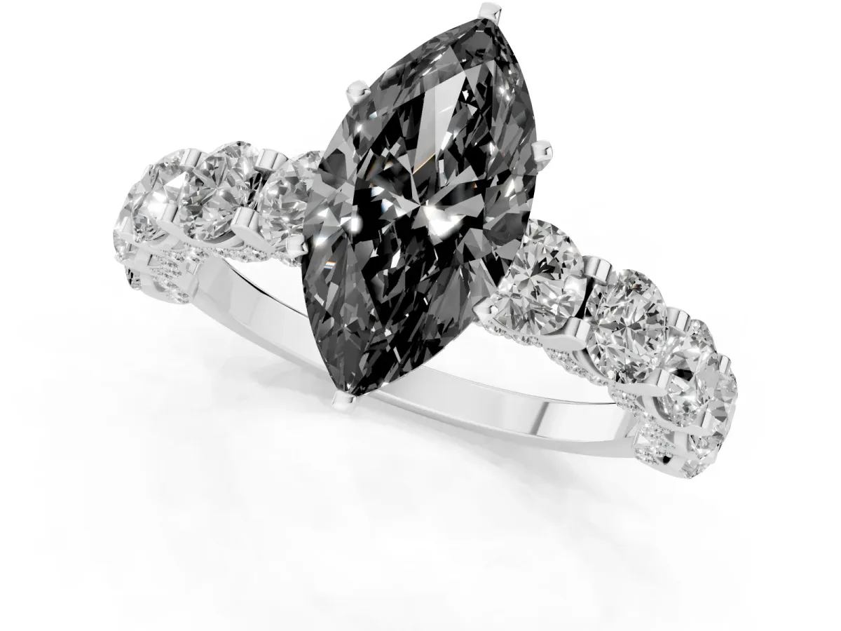 Fancy Black Marquise Cut Diamond Side Stone Engagement Ring with Four-Prong Setting Silver
