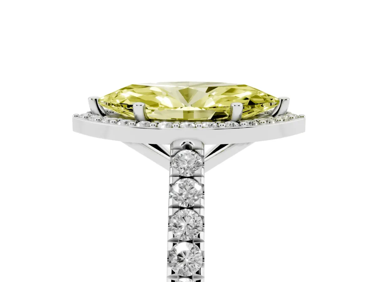 Fancy Yellow Marquise Cut Cut Halo Diamond Engagement Ring with Pave Band and Four-Prong Setting White gold
