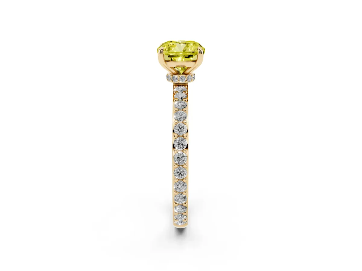 Fancy Yellow Cushion Cut Diamond Solitaire Engagement Ring with Pavé Band and Four-Prong Setting Yellow gold