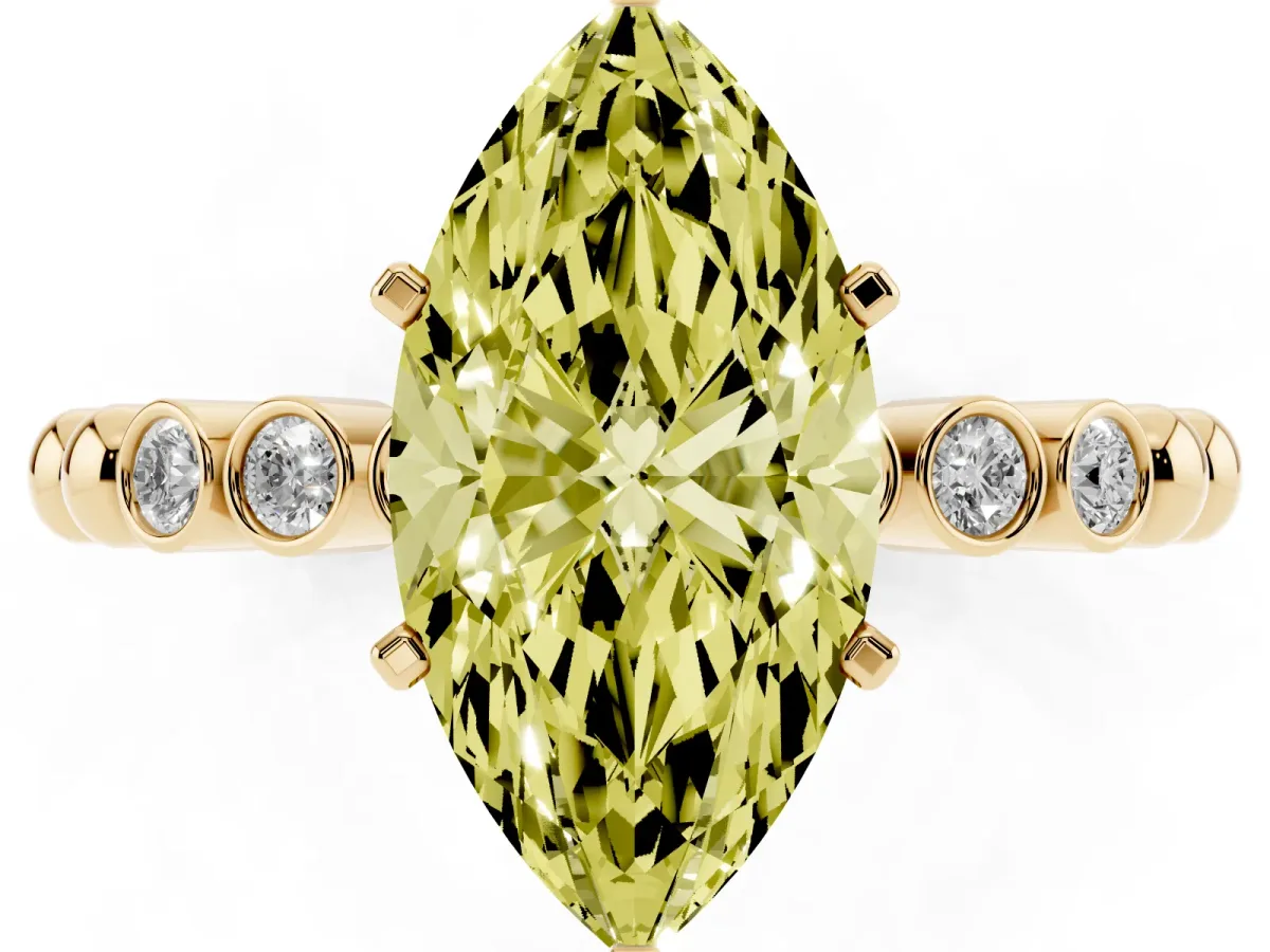 Fancy Yellow Marquise Cut Solitaire Bezel Accent Diamond Engagement Ring with Beaded Band and Four-Prong Setting Yellow gold