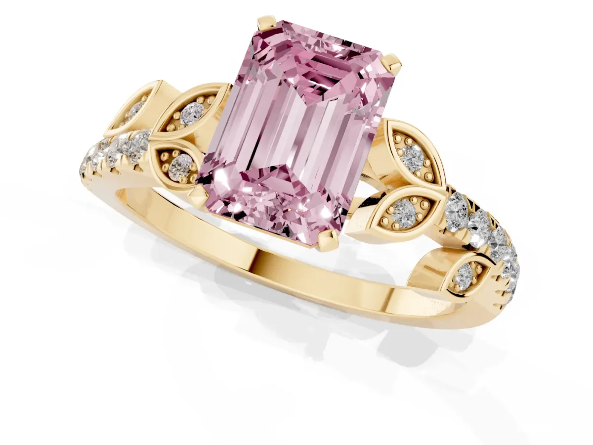Fancy Pink Emerald Cut Solitaire Leaf-Inspired Diamond Ring with Pavé Band and Four-Prong Setting Yellow gold