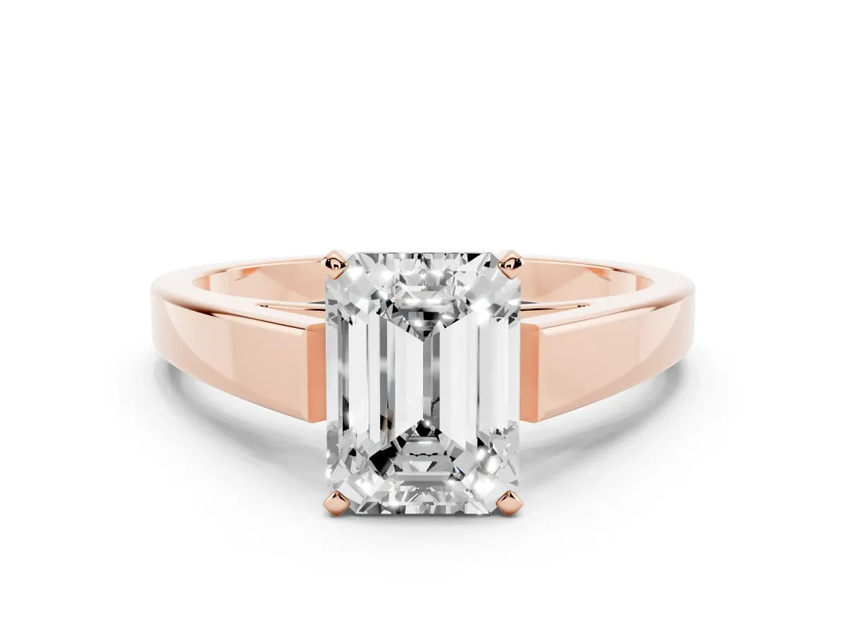 Emerald Cut Solitaire Engagement Ring with Four-Prong Setting and Tapered Band Rose gold