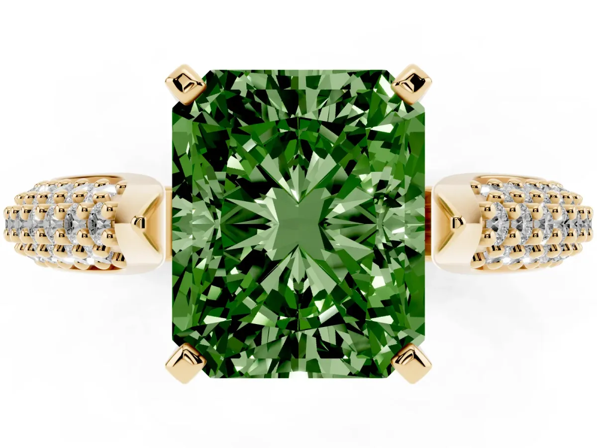 Fancy Green Radiant Cut Diamond Solitaire Engagement Ring with Multi-Row Round Pavé Band and Prong Setting Yellow gold